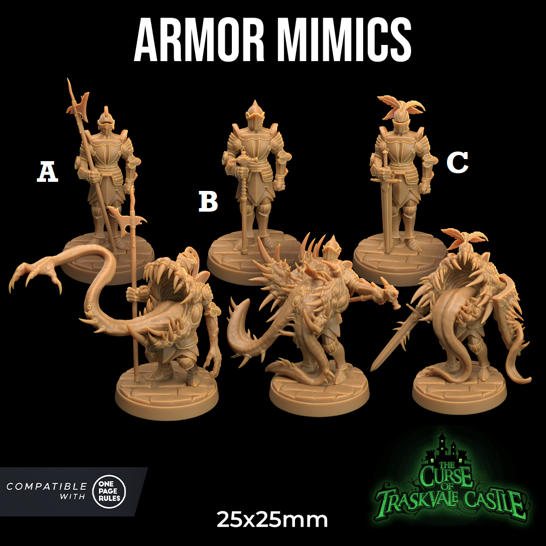 Image shows three different 3D renders of suits of armor gaming miniatures and their mimic versions