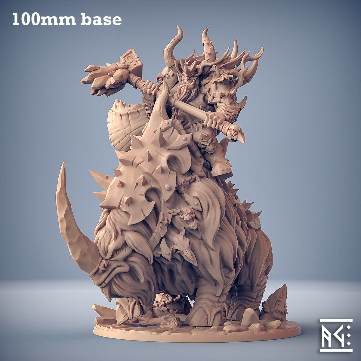 Image shows a 3D render of an armored beast gaming miniature with an orc barbarian riding it
