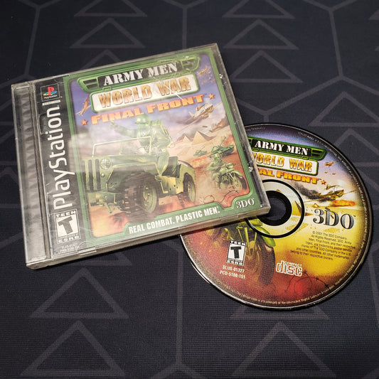 Image shows the jewel case with manual and disc for the video game Army Men: World War - Final Front for Playstation 1