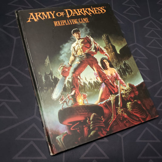 Image shows the front cover of the core rulebook for the roleplaying game Army of Darkness