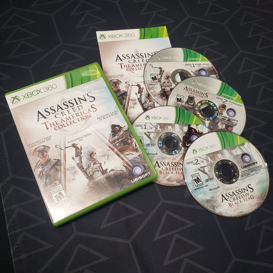 Image shows the case, manual and four discs for the video game Assassin's Creed: The Americas Collection for Xbox 360