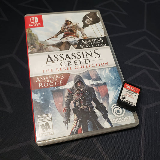 Image shows the case and cartridge for the video game Assassin's Creed: The Rebel Collection for Nintendo Switch