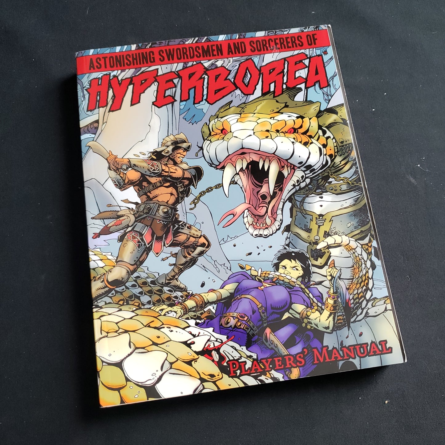 Image shows the front cover of the Players' Manual for the Astonishing Swordsmen & Sorcerers of Hyperborea roleplaying game