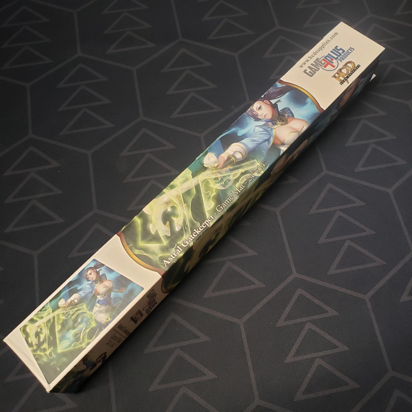 Image shows the side of the box for the Astral Gatekeeper card game playmat