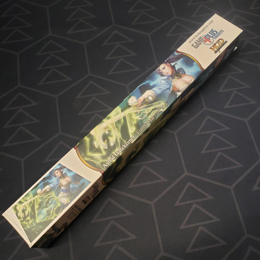 Image shows the side of the box for the Astral Gatekeeper card game playmat