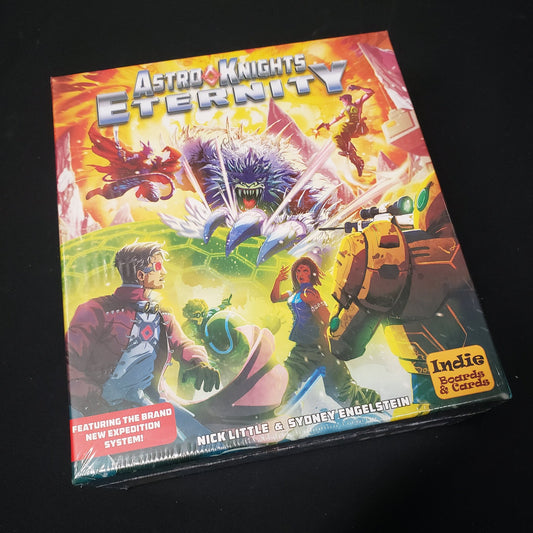 Image shows the front cover of the box of the Astro Knights: Eternity board game