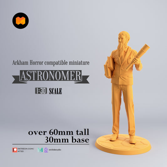 Image shows a 3D render of a 1920s era astronomer gaming miniature holding a telescope and books
