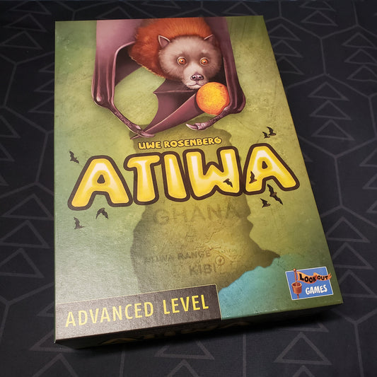 Image shows the front cover of the box for the Atiwa board game