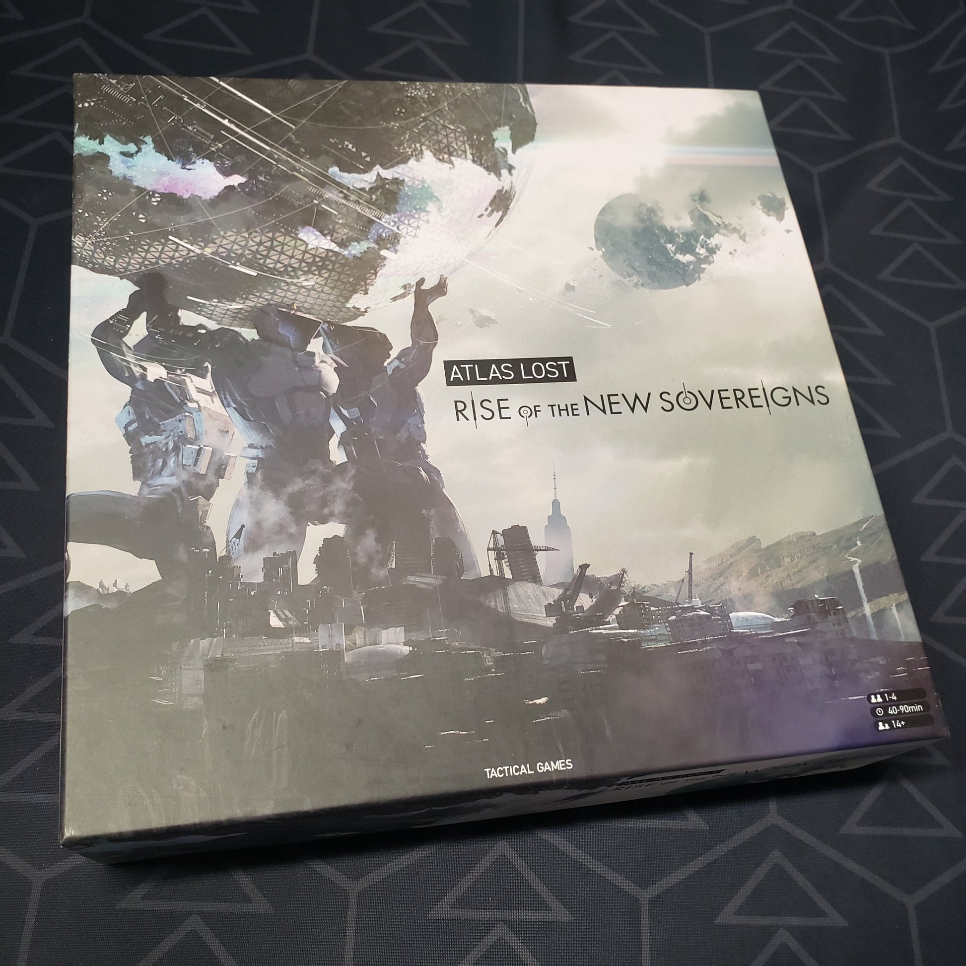 Image shows the front cover of the box for the board game Atlas Lost: Rise of the New Sovereigns