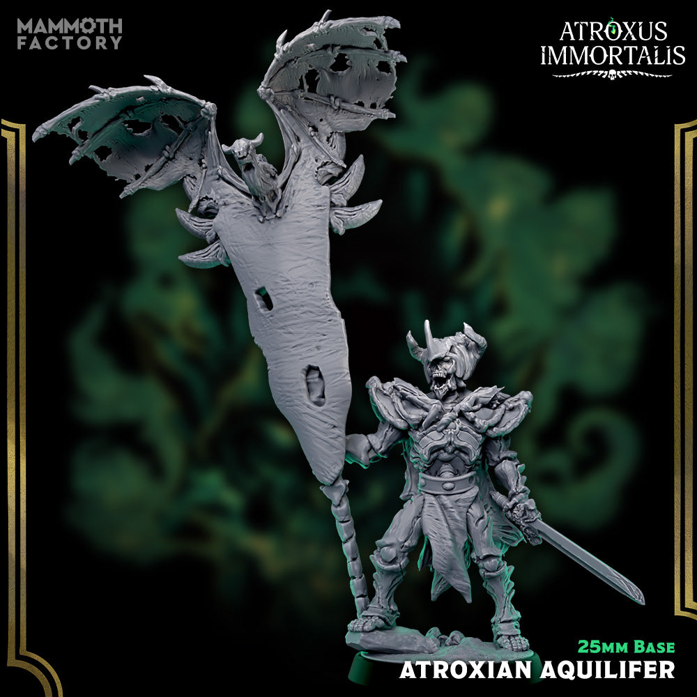 Image shows a 3D render of a skeletal bannerman gaming miniature.