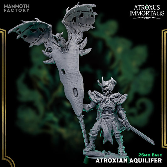Image shows a 3D render of a skeletal bannerman gaming miniature.