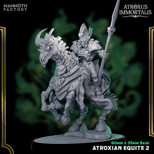 Image shows a 3D render of a gaming miniature of a skeleton warrior riding a horned skeletal horse