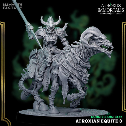 Image shows a 3D render of a gaming miniature of a skeleton warrior riding a horned skeletal horse