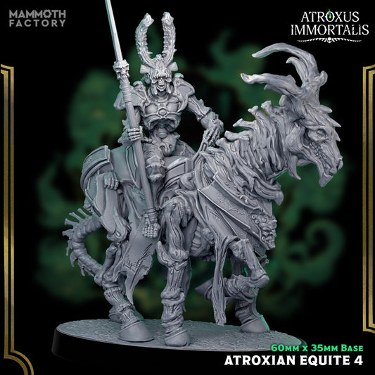 Image shows a 3D render of a gaming miniature of a skeleton warrior riding a horned skeletal horse