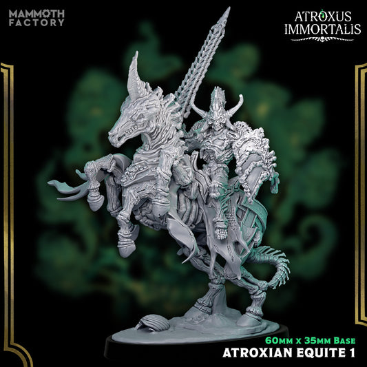 Image shows a 3D render of a gaming miniature of a skeleton warrior riding a horned skeletal horse