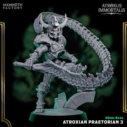 Image shows a 3D render of a skeleton warrior gaming miniature with a large bone whip