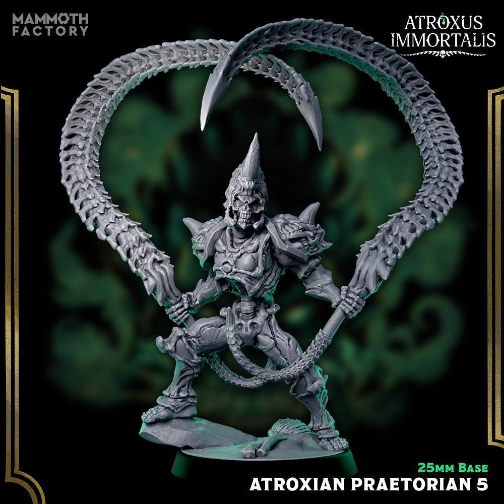 Image shows a 3D render of a skeleton warrior gaming miniature wielding two large bone whips