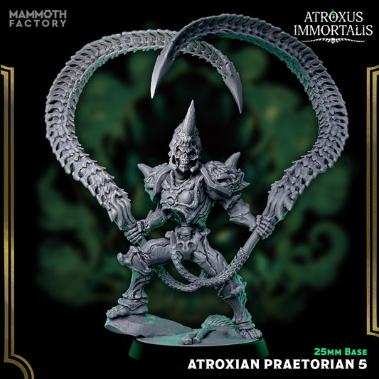 Image shows a 3D render of a skeleton warrior gaming miniature wielding two large bone whips