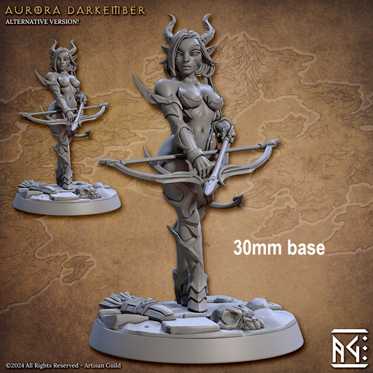 Image shows an 3D render of a demon rogue gaming miniature holding a bow & arrow
