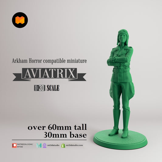 Image shows a 3D render of a 1920s era aviator gaming miniature.