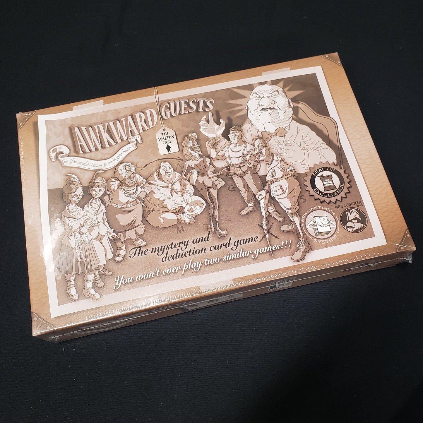 Image shows the front cover of the box of the board game Awkward Guests: The Walton Case