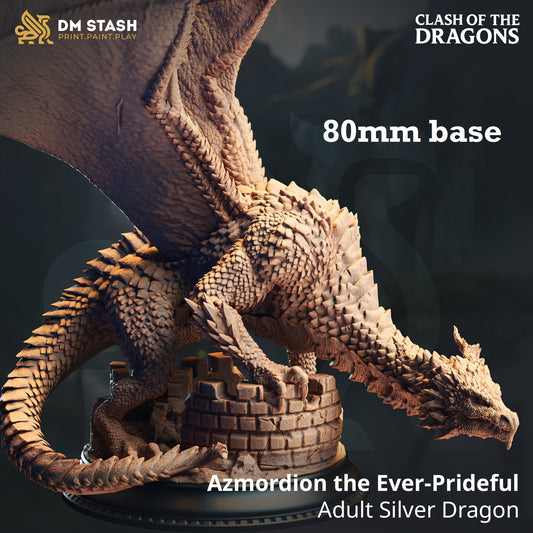 Image shows a 3D render of a adult silver dragon gaming miniature.
