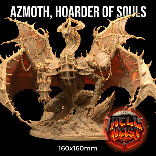 Image shows a 3D render of a four-winged demonic dragon gaming miniature holding a spiked lantern