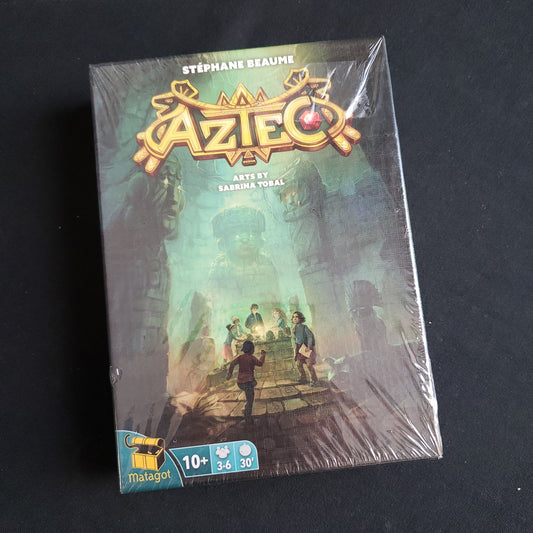 Image shows the front cover of the box of the Aztec card game