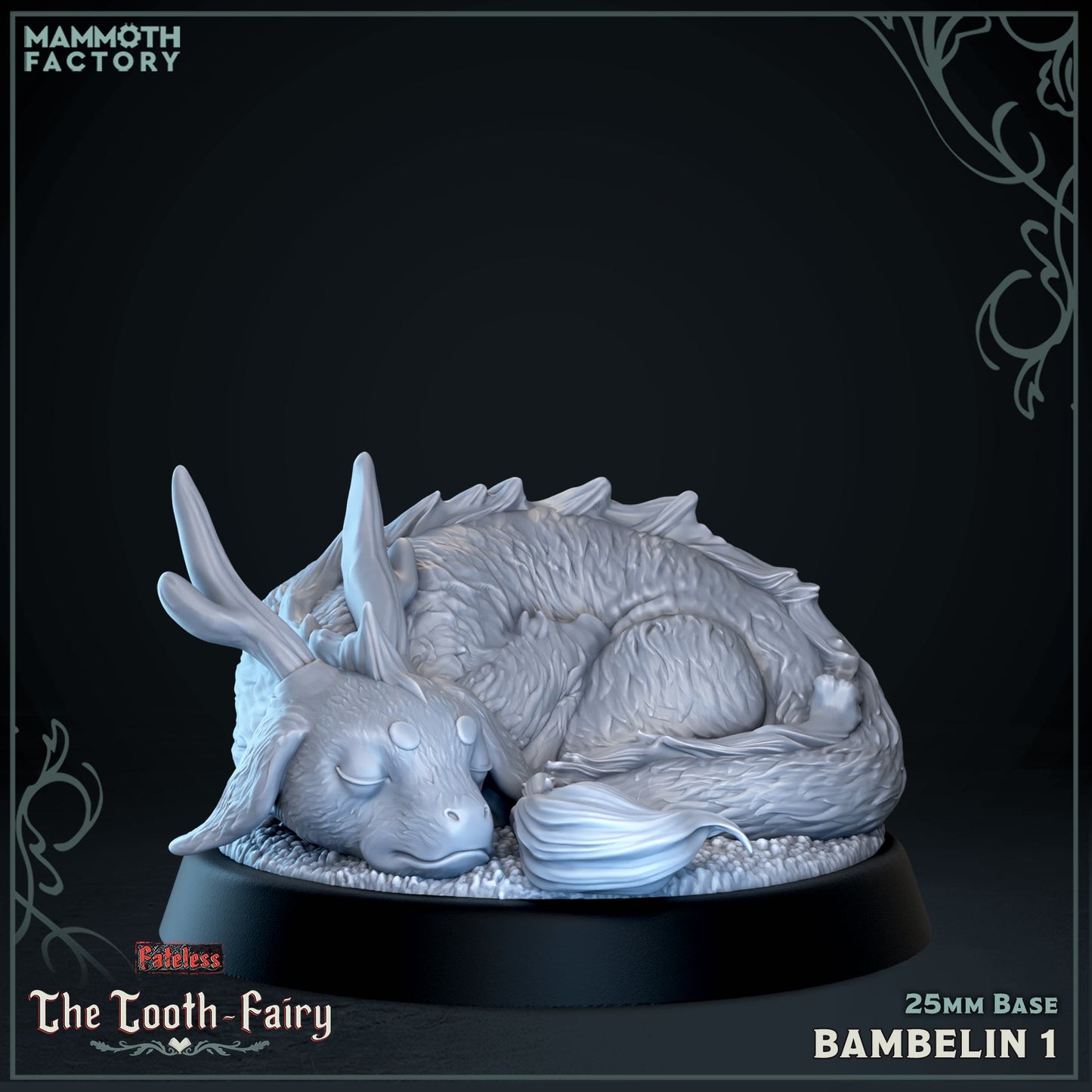 Image shows a 3D render of a sleeping baby forest spirit gaming miniature.