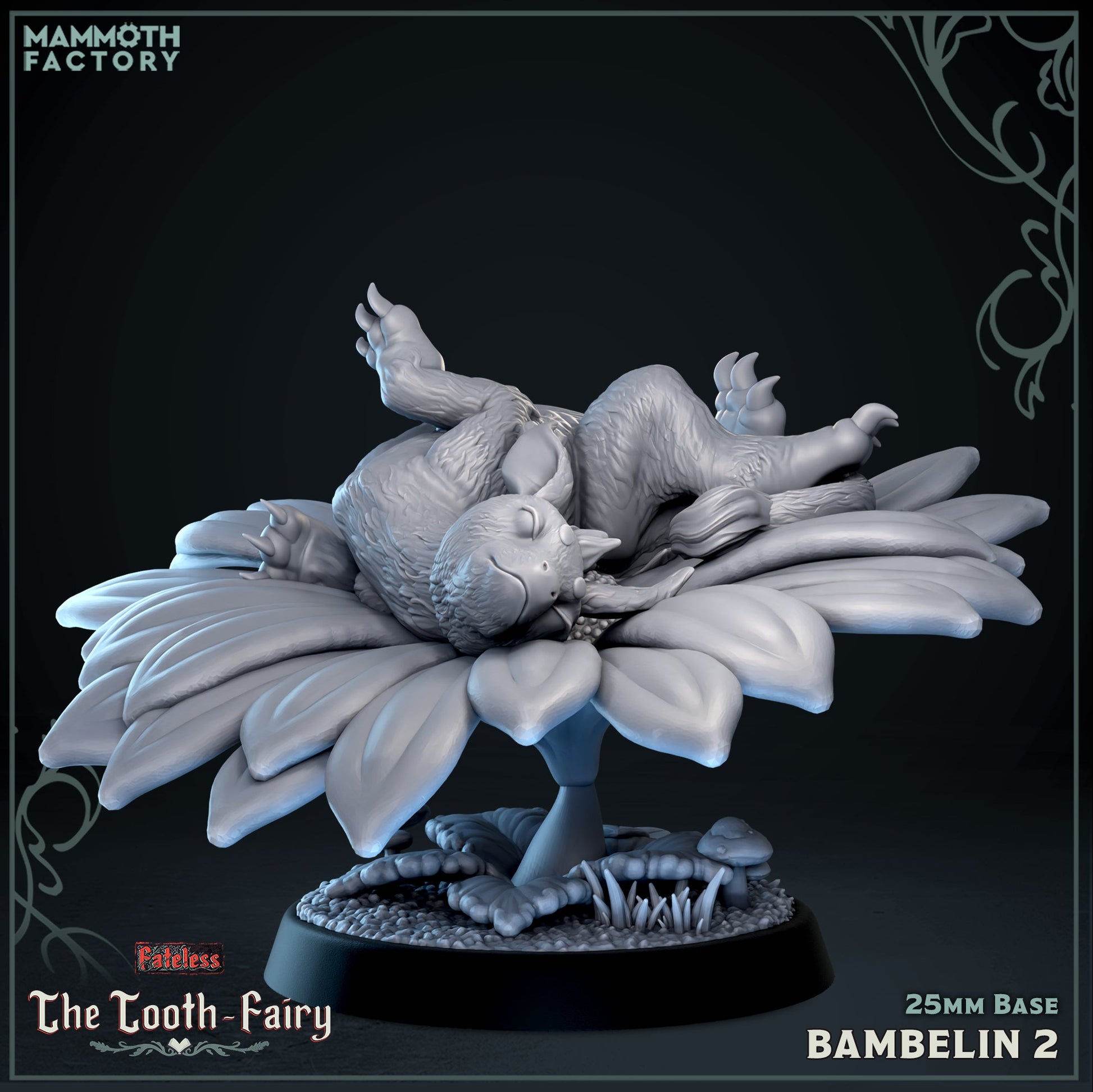 Image shows a 3D render of a baby forest spirit gaming miniature rolling in a flower.