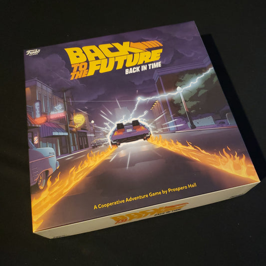 Image shows the front cover of the box of the Back To The Future: Back In Time board game