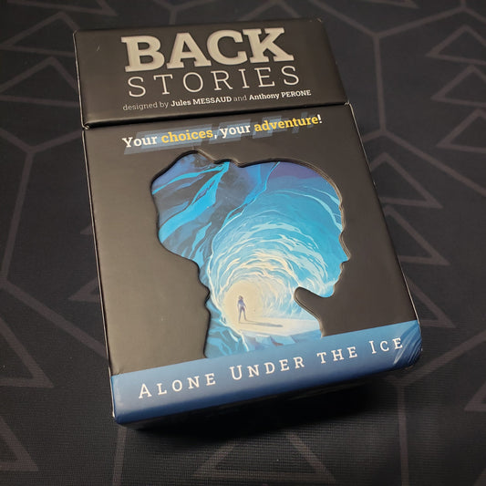 Image shows the front cover of the box for the Backstories: Alone Under the Ice card game