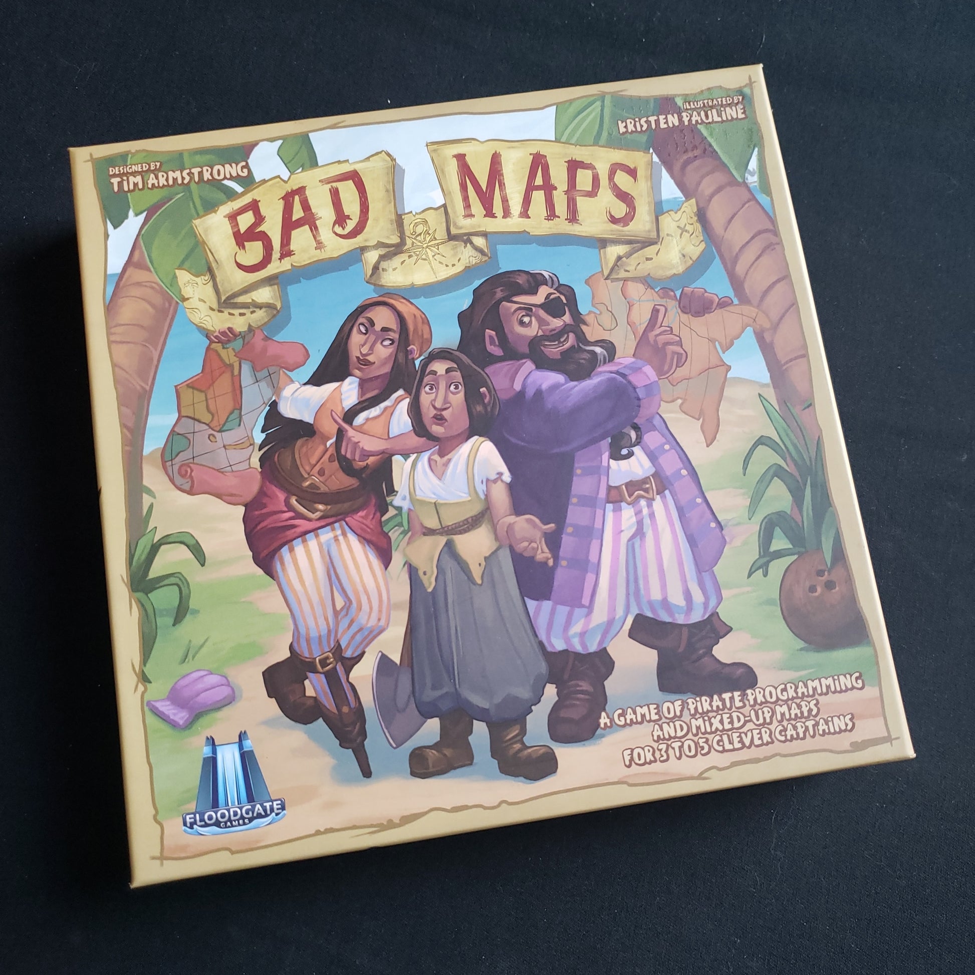 Image shows the front cover of the box of the Bad Maps board game