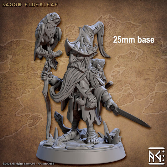 Image shows a 3D render for a gnome wizard gaming miniature, holding a sword & a staff with an owl sitting on it
