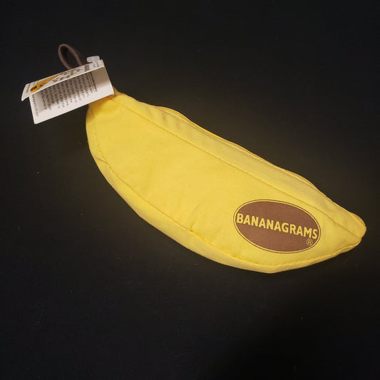 Image shows the banana-shaped pouch for the Bananagrams board game