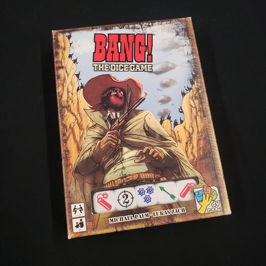Image shows the front cover of the box of the Bang! The Dice Game board game
