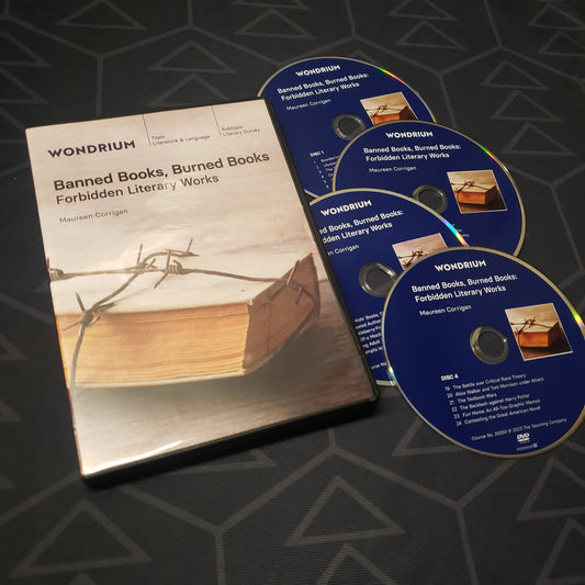 Image shows the case & four discs for the Banned Books, Burned Books: Forbidden Literary Works lecture series on DVD