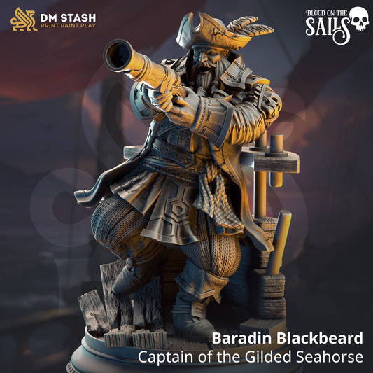 Image shows a 3D render of a dwarf pirate captain gaming miniature.