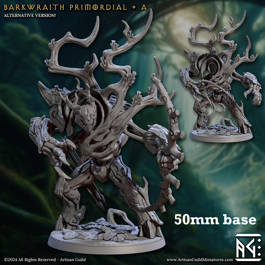 Image shows 3D renders of two different sculpt options for a forest elemental gaming miniature