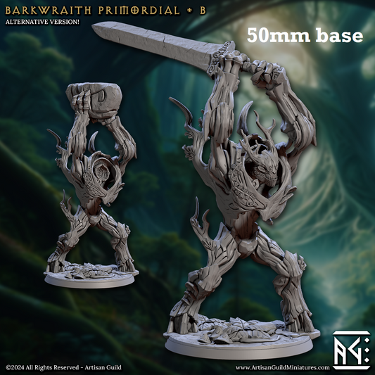 Image shows 3D renders of two different sculpt options for a forest elemental gaming miniature