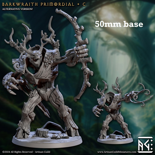 Image shows 3D renders of two different sculpt options for a forest elemental gaming miniature