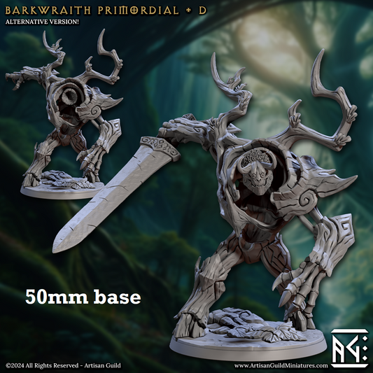 Image shows 3D renders of two different sculpt options for a forest elemental gaming miniature