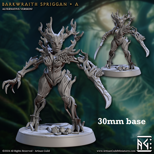 Image shows 3D renders of two different sculpt options for a treefolk warrior gaming miniature