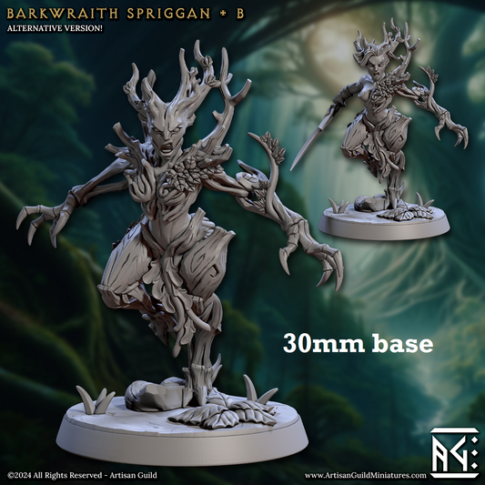 Image shows 3D renders of two different sculpt options for a treefolk warrior gaming miniature