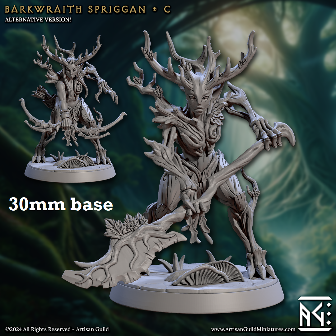 Image shows 3D renders of two different sculpt options for a treefolk warrior gaming miniature