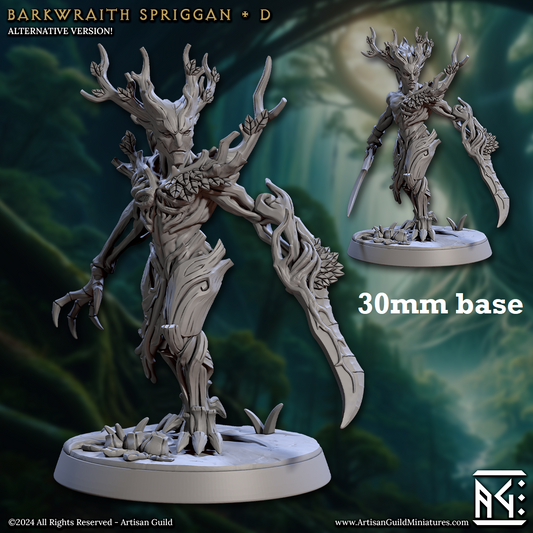 Image shows 3D renders of two different sculpt options for a treefolk warrior gaming miniature