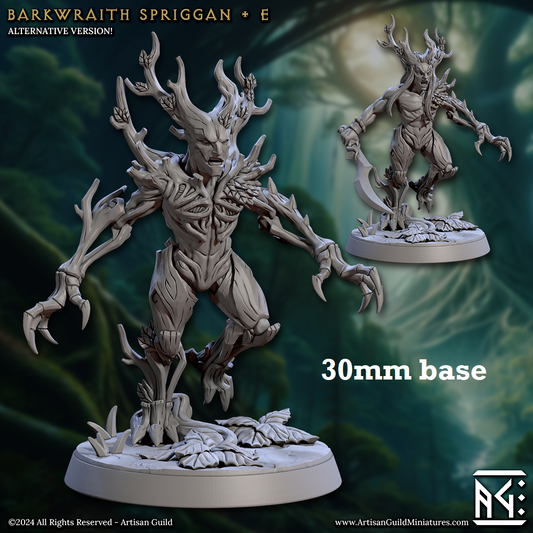 Image shows 3D renders of two different sculpt options for a treefolk warrior gaming miniature