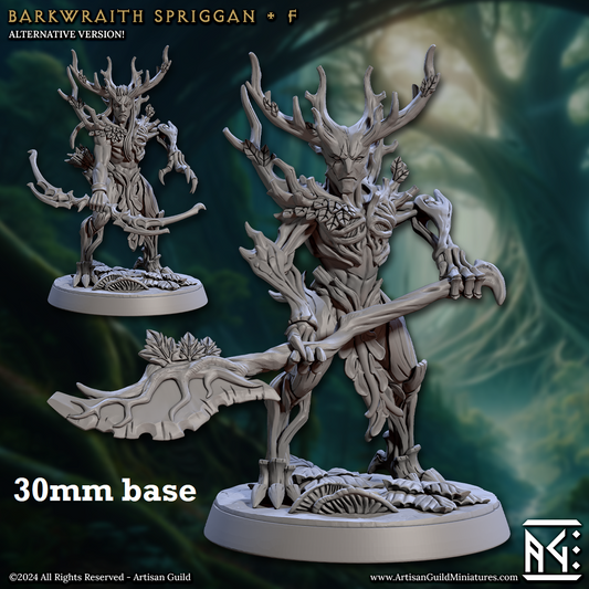 Image shows 3D renders of two different sculpt options for a treefolk warrior gaming miniature