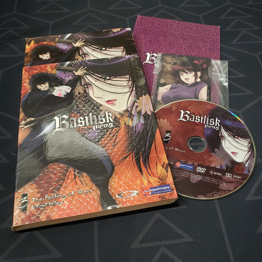 Image shows the case, insert, slipcover, collector card & disc for the limited edition of the Volume 3: The Parting of Ways episode disc of the anime TV series Basilisk on DVD