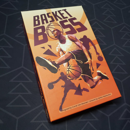 Image shows the front cover of the box for the Basketboss board game